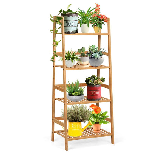 Coast 4-tier Ladder Shelf Plant Stand and Bamboo Book Rack - Natural - 48x32x114 cm