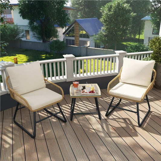 Yaheetech Bistro Set Garten Set 3-tlg. - 61 x 65 x 76 cm - Mit handgeflochtenem PE-Rattan und Glastischplatte sowie Sitz und Dekokissen - Für Balkon und Terrasse - Hellbraun und Metall