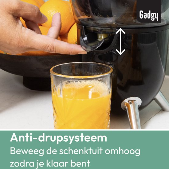 Gadgy Elektrische Zitruspresse – Orangen- und Zitronenpresse mit Ausgießer – Entsafter mit 2 Presskegeln – Tropfschutz – Rutschfest – 100 W – Schwarz – Spülmaschinenfest