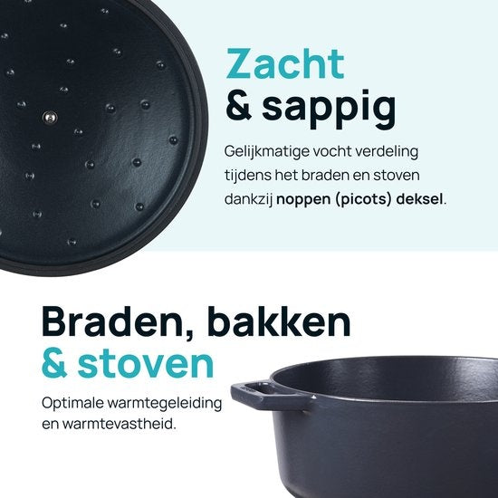 MOA Gusseisen-Kasserolle - Fassungsvermögen 7,2 Liter - 30CM - Rund - Alle Wärmequellen - Auch für Induktion - Gewicht 7,3 kg - Schwarz - C30B
