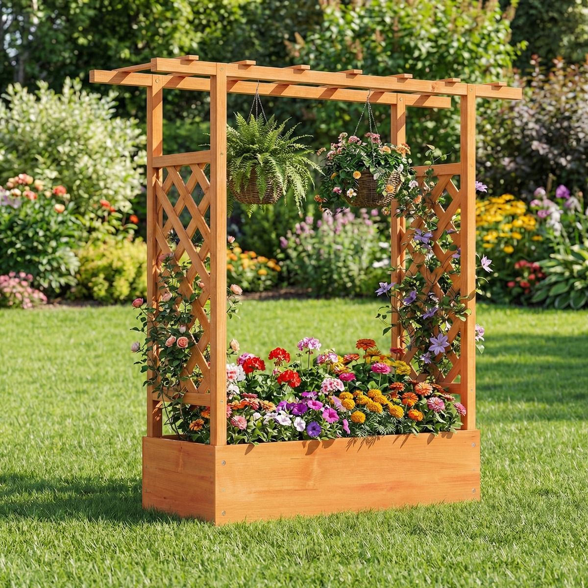 Coast Erhöhter Pflanzkübel aus Holz – Spalier und Überdachung – Abflusslöcher – Natur/Orange – 110 x 35 x 114 cm
