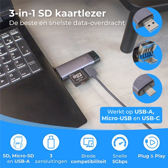 Nuvance - SD-Kartenleser - USB-Stick - SD-Kartenleser USB C - Kartenleser - Micro-USB - Speicherkartenleser - Micro-SD-Adapter - SD-Kartenleser - Micro-SD-Kartenleser - USB 3.0 - Geeignet für alle Smartphones & Computer
