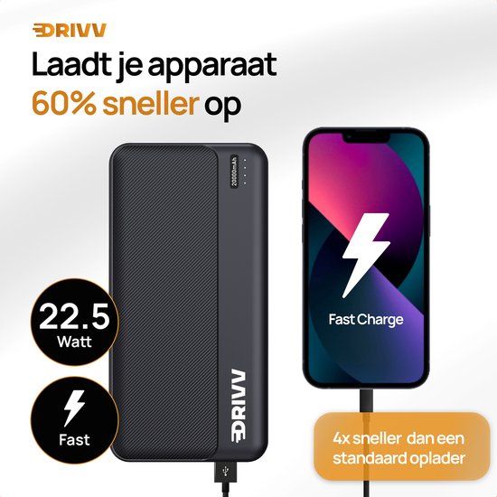 Drivv. Powerbank 20.000 mAh - Inklusive 100-W-Ladekabel - 22,5-W-Schnellladegerät - Quick Charge USB 3.0 - USB C - Geeignet für iPhone, Samsung und mehr