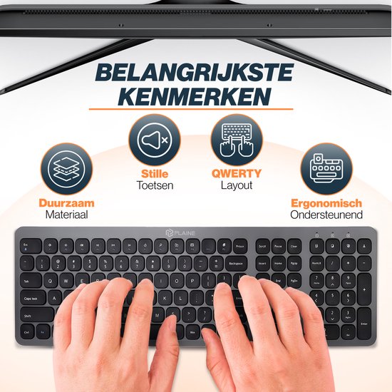 Ergonomische Tastatur - Kabellose Tastatur - Schnurlose Tastatur - USB-C & USB - Leise Tasten - Schwarz/Anthrazit - Geeignet für Windows & Mac
