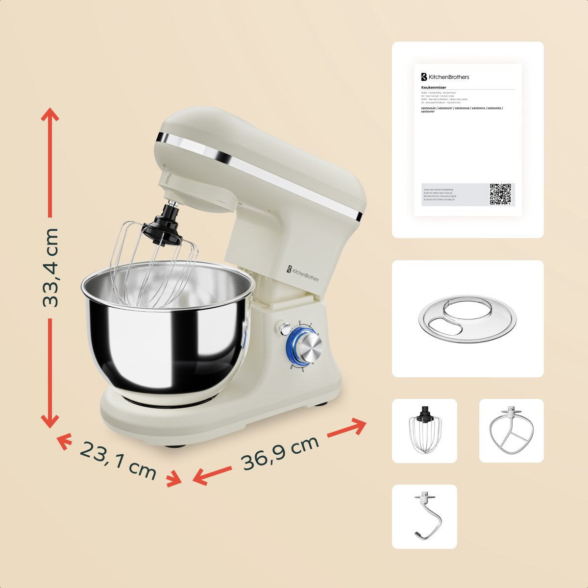 KitchenBrothers Küchenmaschine - 1200W - 5L Rührschüssel - 6 Geschwindigkeiten + Pulse - Küchenroboter mit Knethaken, Schneebesen & Rührhaken - Champagner