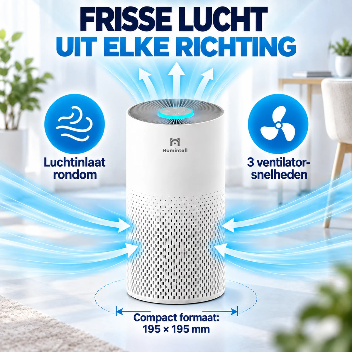 Homintell Kilo Luftreiniger – HEPA H11 & Aktivkohle – 130 m³/h – 16 m² – 3 Geschwindigkeitsstufen – PM2,5-Sensor – Touch-Bedienung – 195 × 195 × 388 mm