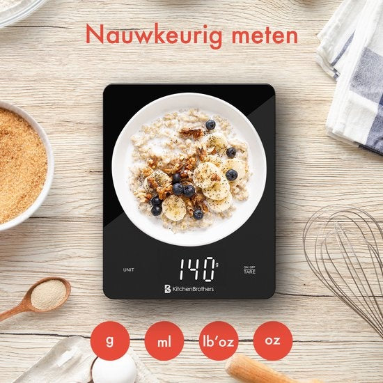KitchenBrothers Küchenwaage - Küchenwaage - Digital - 1g bis 10kg - Batterien enthalten - Glas/Schwarz
