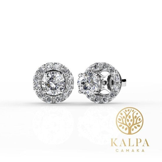 Yolora Damen Ohrringe mit runden Kalpa Camaka Kristallen - Farbe Silber - 18K Weißgold plattiert - Ohrstecker - Geschenk zum Muttertag