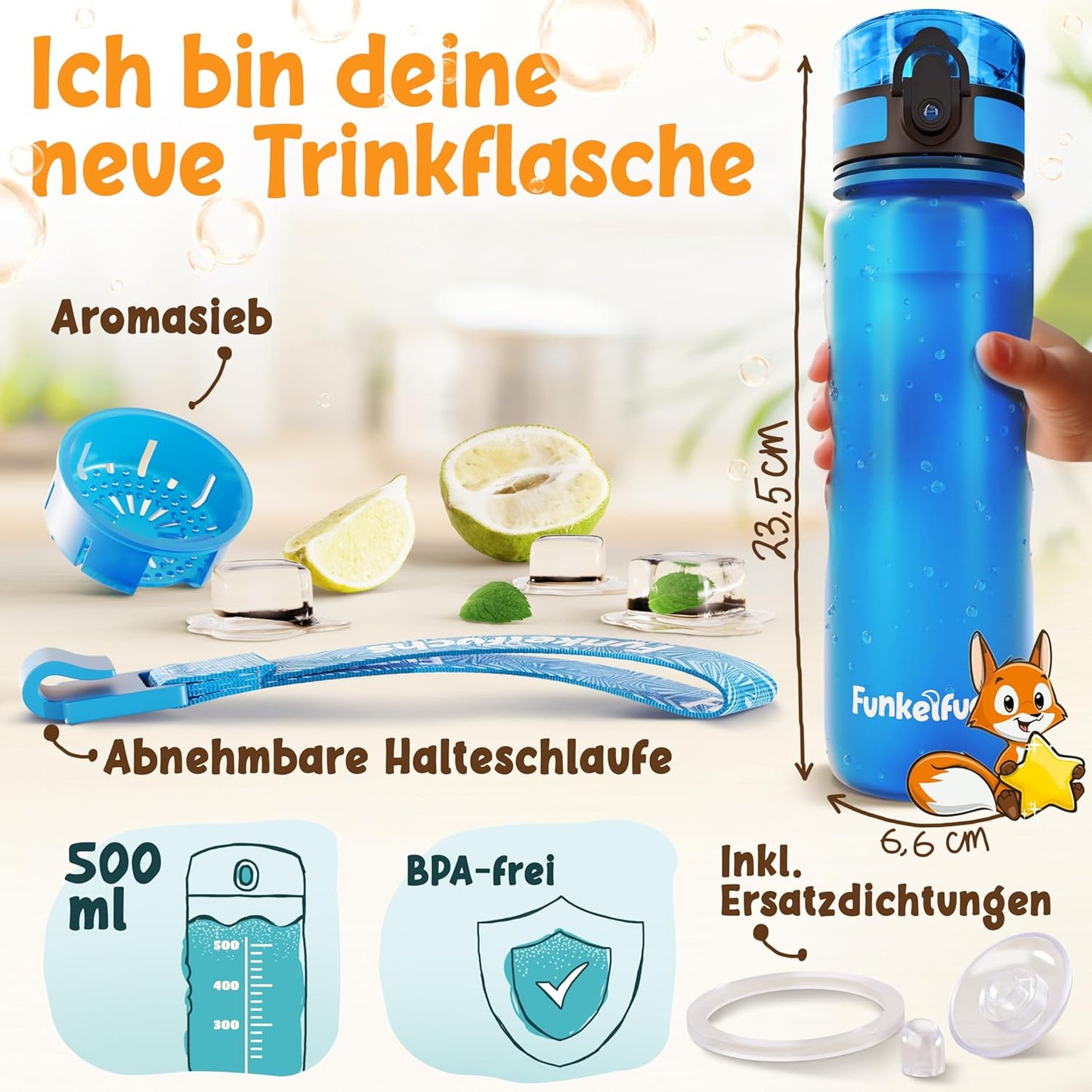 Funkelfuchs® - Trinkflasche für Kinder - 500ml, blau - mit Kohlensäure - 100% auslaufsicher - Wasserflasche spülmaschinenfest - für Kindergarten, Schule, Sport