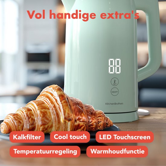 KitchenBrothers Wasserkocher - 1.7L - Mit Temperaturkontrolle - Elektrisch - Warmhaltefunktion - Display - Doppelwandig - Cool-touch - 2200W - Pastellgrün