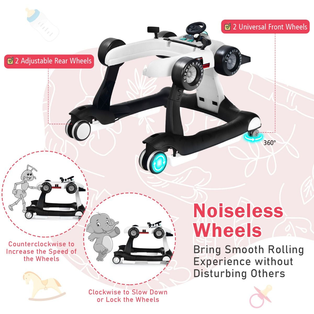 Coast 4-in-1-Kinderwagen - Mit verstellbarer Höhe und Geschwindigkeit Babywagen - Mit Anti-Rutsch-Pads - Zusammenklappbarer Lauflernwagen - Schwarz/Weiß