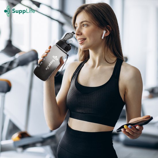 Supplife Motivations-Trinkflasche – 600 ml Trinkflasche – Trinkflasche mit Zeitangabe – Mit Strohhalm – Erwachsene – Kinder – Weiß, Schwarz