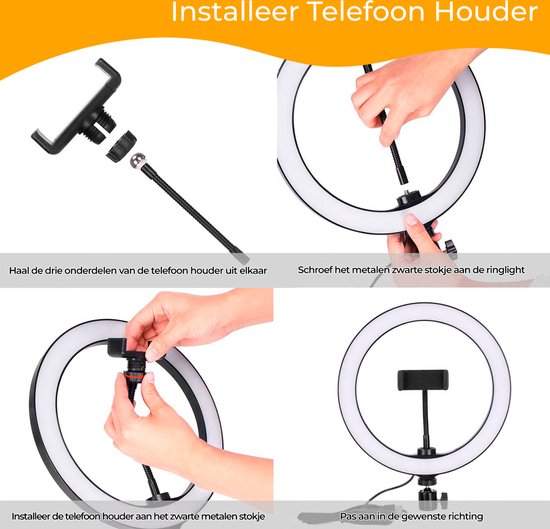 Studio ME Mehrfarbige Ringlampe mit Stativ - 10 Zoll/25 cm - RGB-Lampe - Ringlicht mit Stativ - Bluetooth - Telefonhalterung - Fernbedienung - USB - TikTok Lampe - Ringlicht