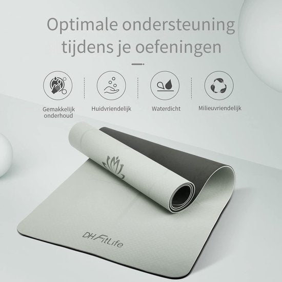 DH FitLife Yogamatte aus TPE, 183 x 61 x 0,6 cm, Fitnessmatte, Trainingsmatte beidseitig rutschfest & umweltfreundlich, Fitnessmatte mit Orientierungslinien (Grau)