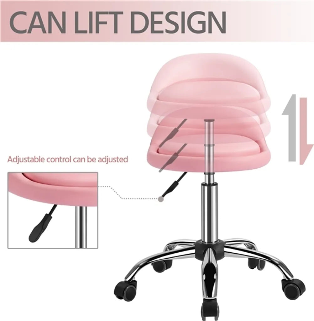 Yaheetech Verstellbarer Arbeitshocker mit Rollen und Rückenlehne – Rosa – 46,5–61 cm