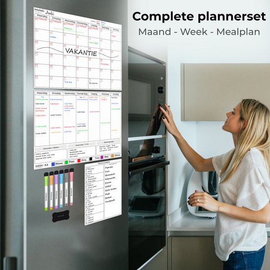 Systemyze Monats- & Wochenplaner Whiteboard Set - Magnetische Planungstafel - Magnetischer Monatsplaner - Inklusive Essensplaner, Marker & Radiergummi - A3 Format