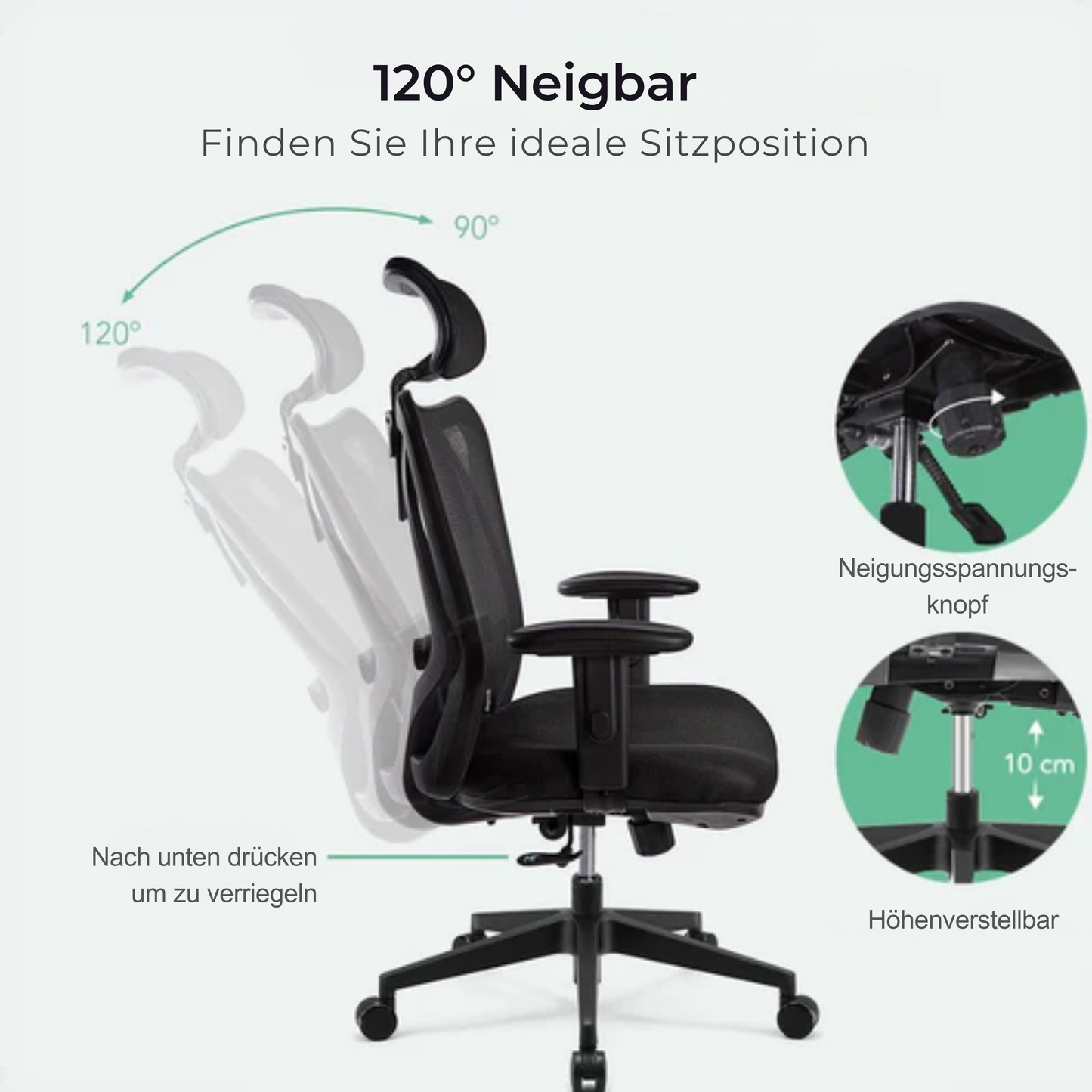 LifeGoods Bürostuhl - Ergonomisch - Bis 136 kg - 120° Kippmechanismus - Schwarz