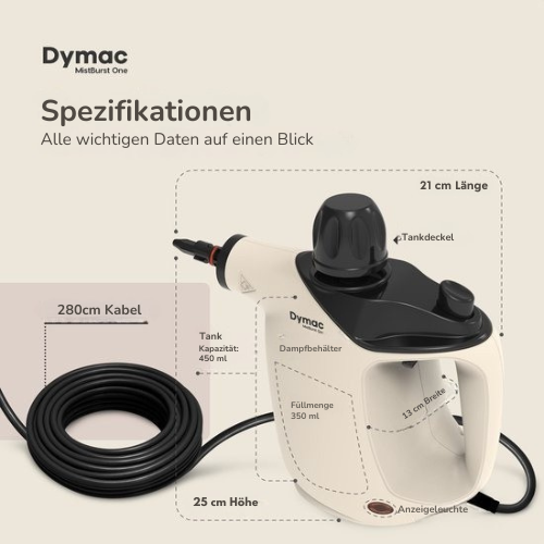 Dymac MistBurst One - Handdampfreiniger für Boden/Bank/Bad/Küche - Verschiedene Aufsätze - 450ML