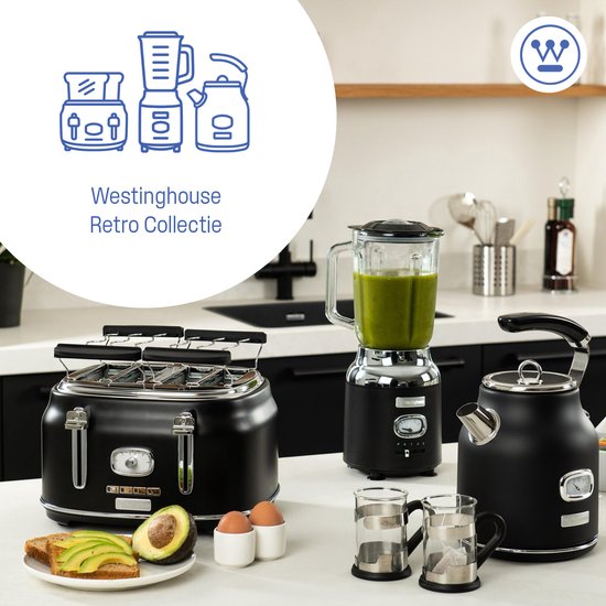 Westinghouse Retro-Toaster - 2 Scheiben - Extra breite Schlitze - Warmhaltegestell - 815W - Schwarz