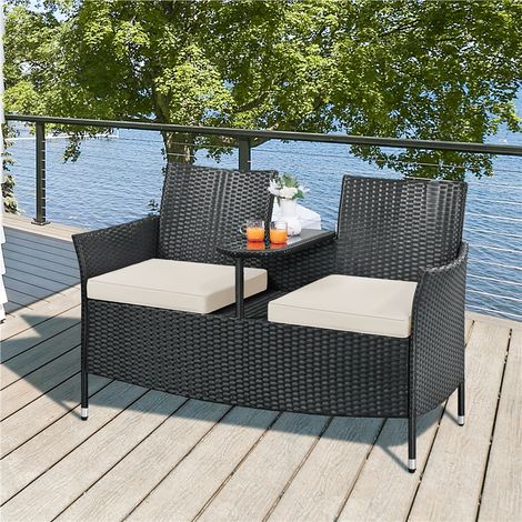 Yaheetech Gartenbank für 2 Personen – mit Glastischplatte – 131 x 65,5 x 85 cm – Schwarz/Beige