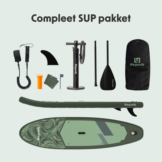 LifeGoods SUP Board All-round Compact - 100 KG Belastbarkeit - 300 x 76 cm - Aufblasbar - Komplettes SUP Paket - Grün/Leger Grün