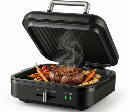 Gadgy Kontaktgrill, um 180° drehbar – 3-in-1 – Tischgrill & Panini-Grill – 1400 W – Mit herausnehmbarer Antihaft-Grillplatte und aufklappbar – Temperaturregler – Fettarmes Grillen – CoolTouch