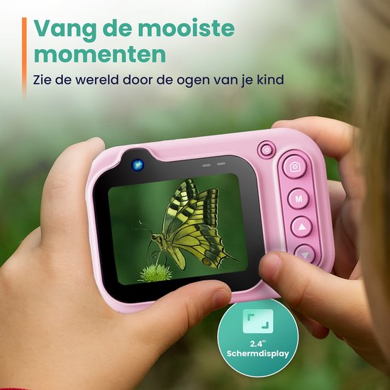 ODESSEY Wasserdichte Kinderkamera – mit Stativ – Full HD – Selfie-Kamera – 32 GB SD-Karte – Foto – Video – Spiele – Digitalkamera für Kinder – Fotokamera für Kinder – Rosa