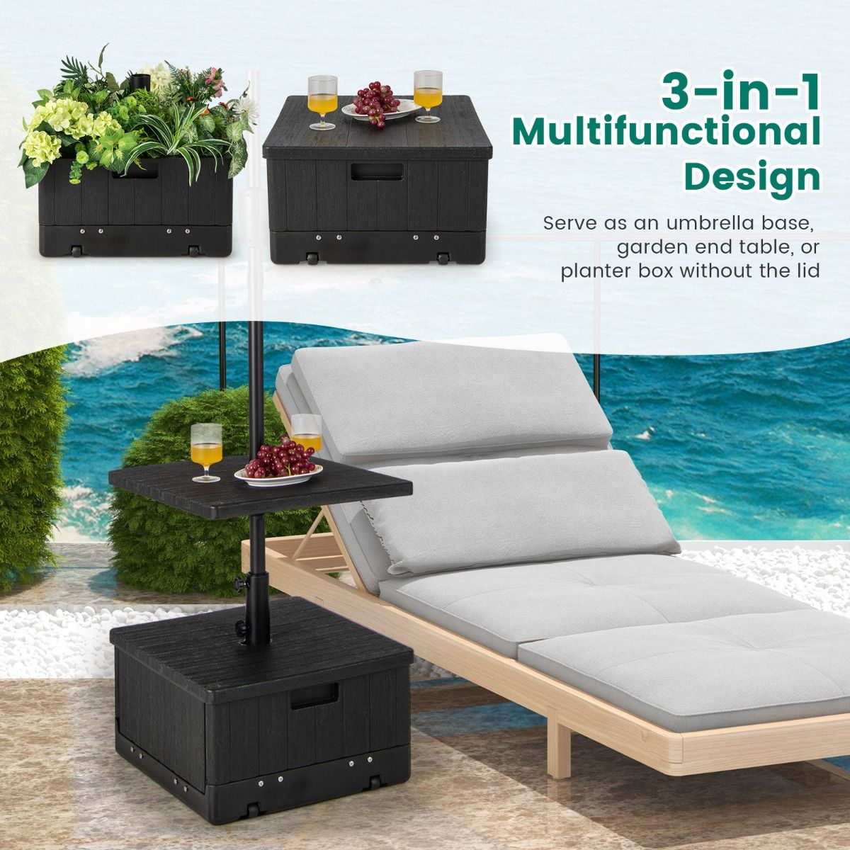 Coast 80 kg aufblasbarer Sonnenschirmfuß mit Tischplatte und Rädern 53x53x45 cm Schwarz