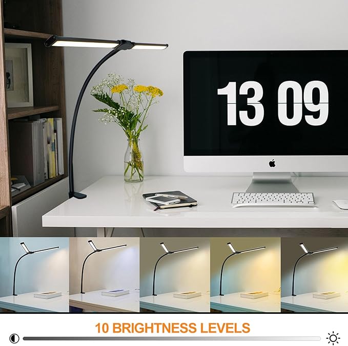 Skoov Led Schreibtischlampe für Home Office, helle Dual Head Schreibtischlampe mit 3 Farben stufenlos dimmbar, Lampe flexible Schwanenhals Schreibtischlampe für Architekten Home Office USB 5V