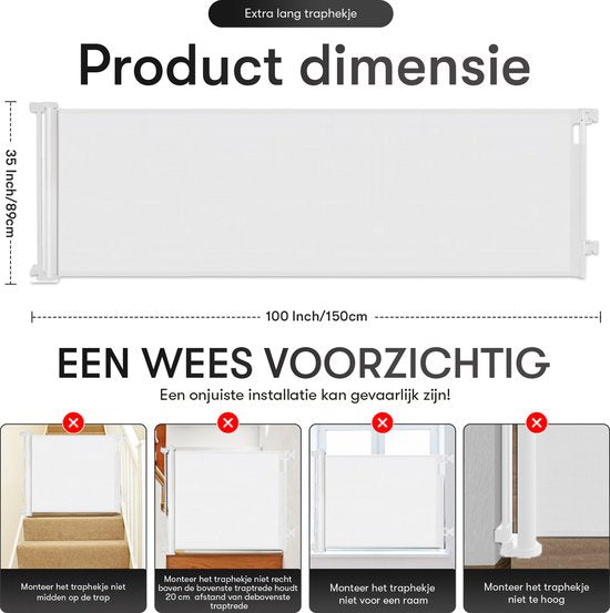 Aufrollbares Treppentor mit Stickerfunktion - Sicherheitstor - Verstellbar - Hundetor - Treppentor ohne Bohren - Kindertor - Für Tiere und Kinder - 10 bis 150 cm breit - Weiß - Sweet Sprout