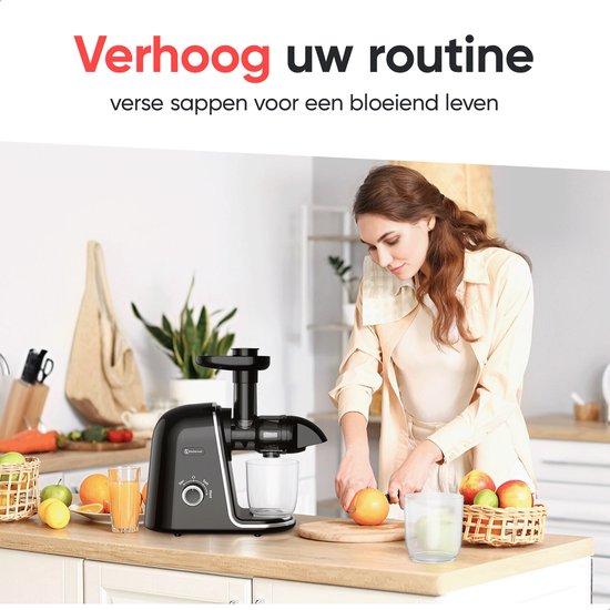 Kitchenwell Slowjuicer - 700ml - Entsafter mit Fruchtfleischbehälter - Gemüse- und Obstpresse - BPA frei - Schwarz