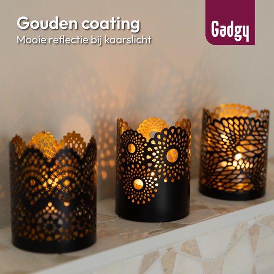 Gadgy Teelichthalter Rund - Teelichthalter 3er Set Dekoration Wohnzimmer - Stimmungsvolle Beleuchtung Innenräume - Kerzenhalter für Teelichter 8,5x10,5 cm - Windlicht Metall - Schwarz/Gold - Geschenk für Frau - Spitzenmuster