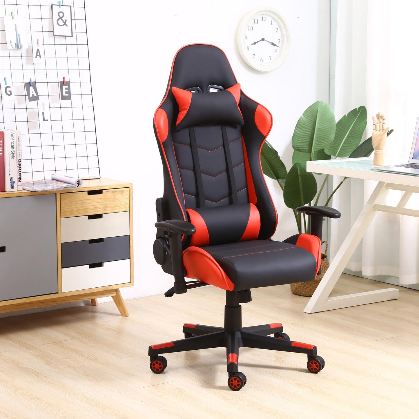 Büro-Gaming-Stuhl Rot - Kunstleder - Verstellbarer Winkel und Höhe -