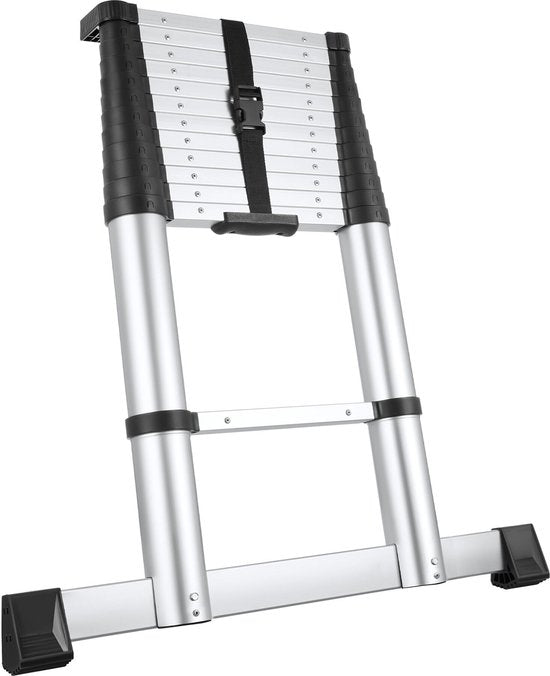 tectake® Teleskopleiter mit 13 Sprossen – Klappleiter – 3,85 Meter – Soft-Close – rutschfest – ausziehbare Teleskopleiter – Anlegeleiter – leichte Aluminiumleiter – zuverlässige Verriegelung