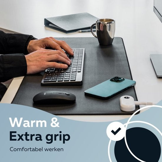 WURK Professional Beheizte Schreibtischunterlage - 30â„ƒ bis 50â„ƒ - Schreibtisch-Organizer - Inklusive Kabelclip - Schwarz - 80x33