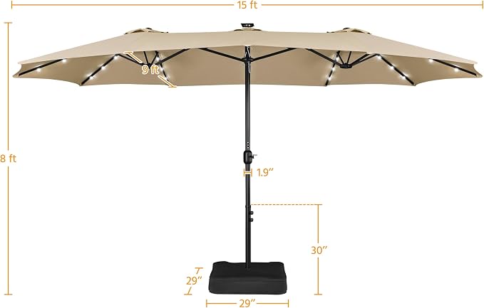 Yaheetech Doppel-Sonnenschirm 15FT mit Solar-LED-Beleuchtung und Fuß – Beige – Extra großer Gartenschirm mit Sandsäcken