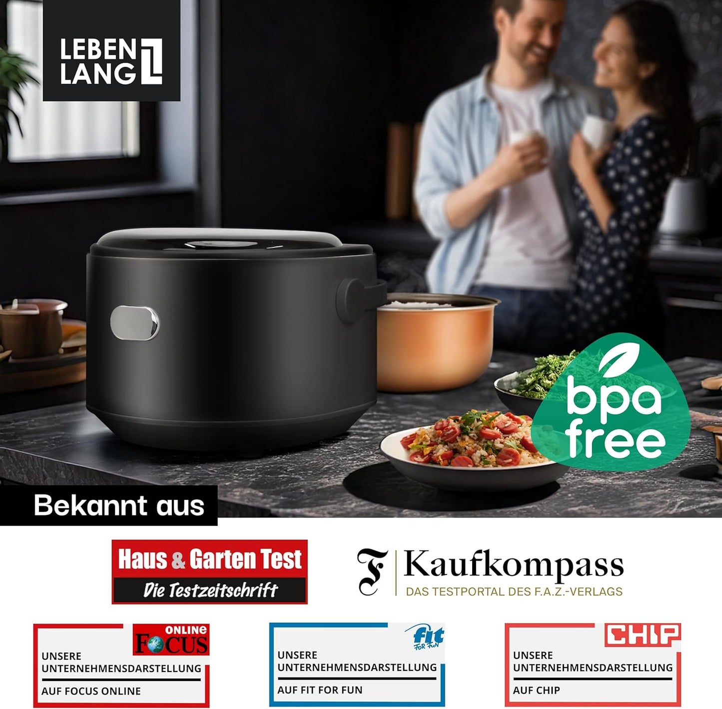 LEBENLANG Digitaler Reiskocher 0.8L - 400W - Schwarz - 30x26x22 cm - Mit Timer, Heizfunktion, Messbecher & Reislöffel