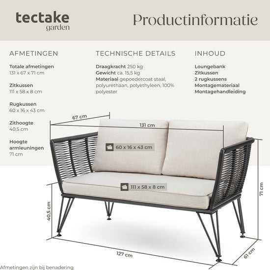tectake® Wicker Lounge Bank - Kompakte Gartenbank mit dicken Polstern - Ideal für Balkon, Garten oder Terrasse - Stilvolle und bequeme Outdoor-Lounge-Bank - Seil-Design
