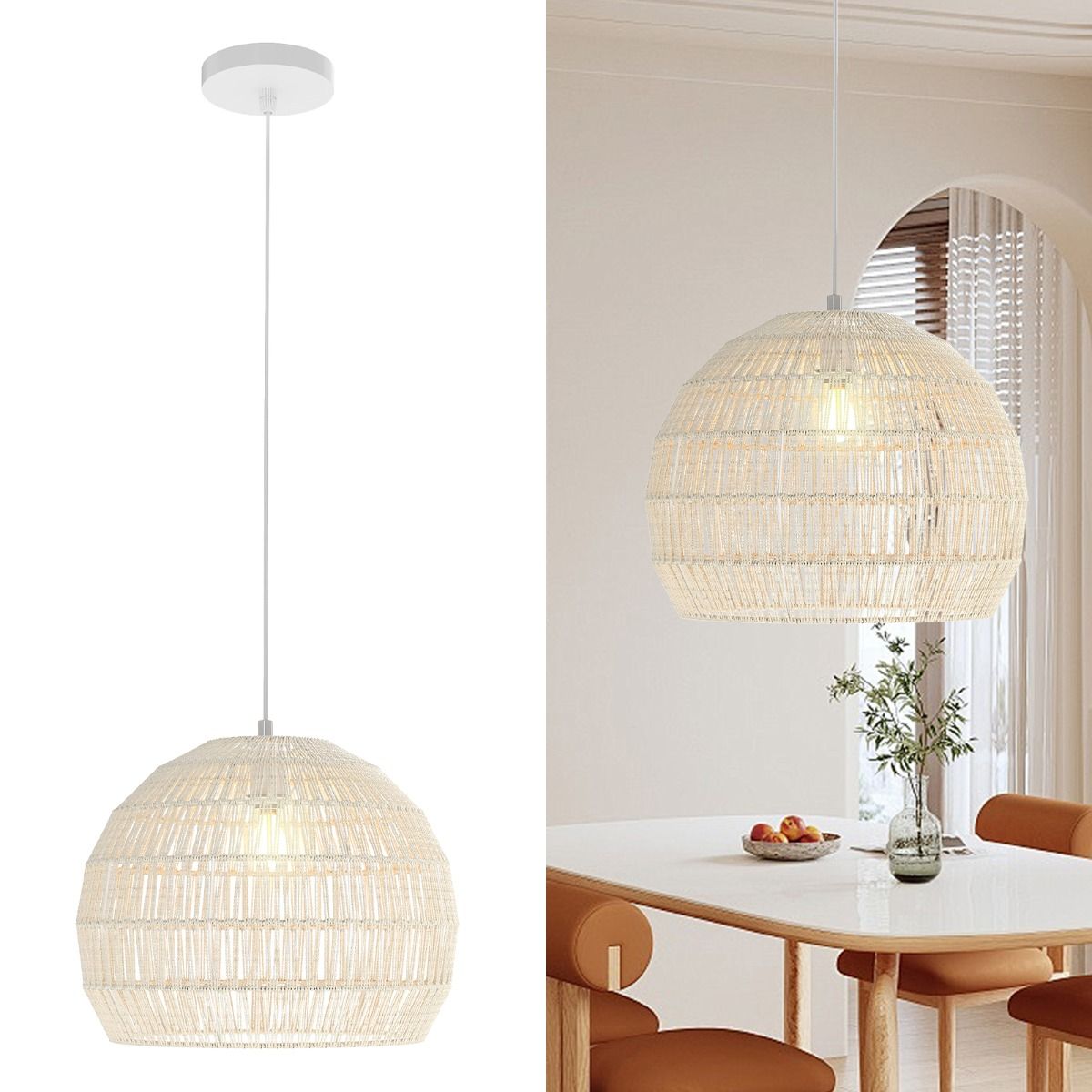Coast Rotan Hängeleuchte – kugelförmiges Papierseil – höhenverstellbar – beige/braun