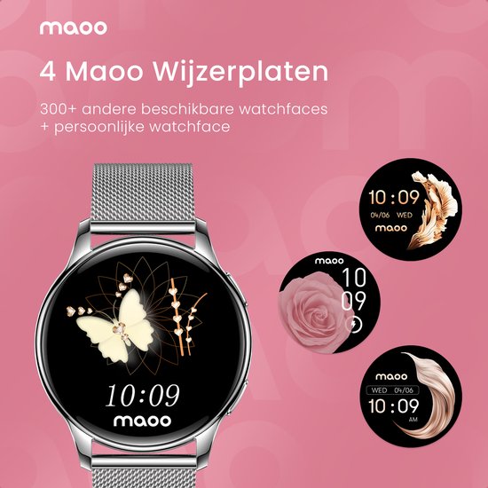 Maoo Ventura AMOLED Smartwatch Damen - Edelstahl und 3x Silikonband - Schrittzähler - Herzfrequenzmesser - Schlafüberwachung - Multisport - Geeignet für Android und iOS - Silber und Weiß