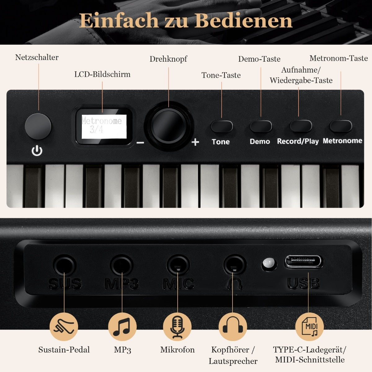 Coast faltbares E-Keyboard faltbar mit 88 hintergrundbeleuchteten Tasten digitale Tastatur digitale Tastatur schwarz