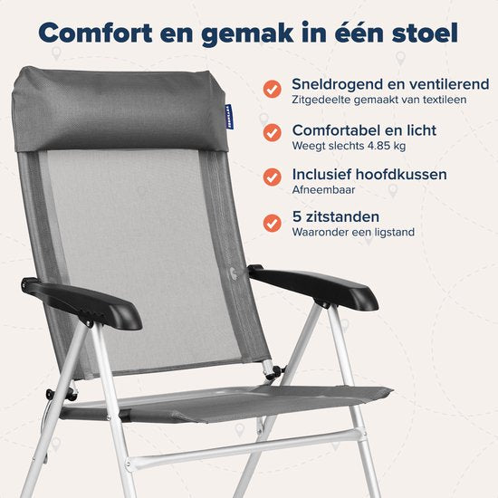 TRVLMORE Campingstuhl - 5 Positionen - Klappbarer Campingstuhl - 110 kg Belastbarkeit - Angelstuhl - Klappstuhl - Grau
