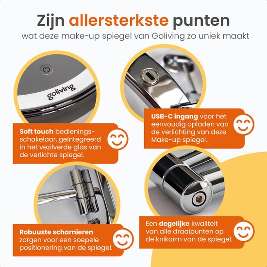 Goliving Make-up-Spiegel mit Beleuchtung - Ø25 cm - 10-fache Vergrößerung - Dimmbarer Make-up-Spiegel - Rasierspiegel - LED-Beleuchtung - USB-C aufladbar - Doppelseitig - 27 x 27 cm - Chrom