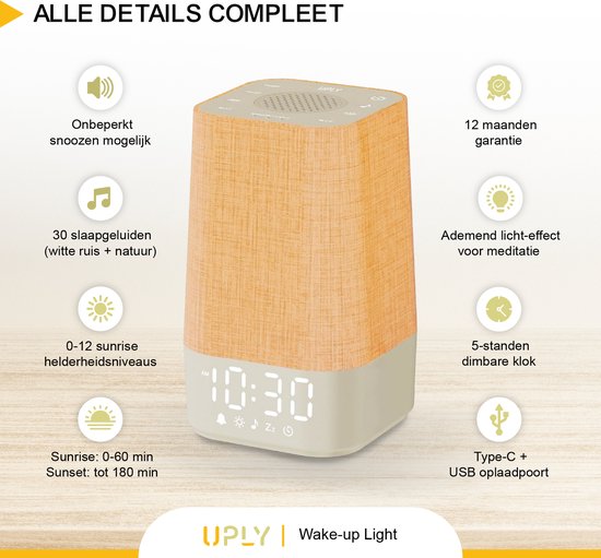 UPLY Wake up light - Mit USB-Ladestation - Mit 30 Tönen - Wecker mit Licht - Weißes Rauschen - Digitaler Wecker