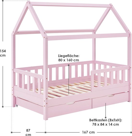 Kinderbett Marli - 80 x 160 cm - Rosa - inkl. Bettkästen