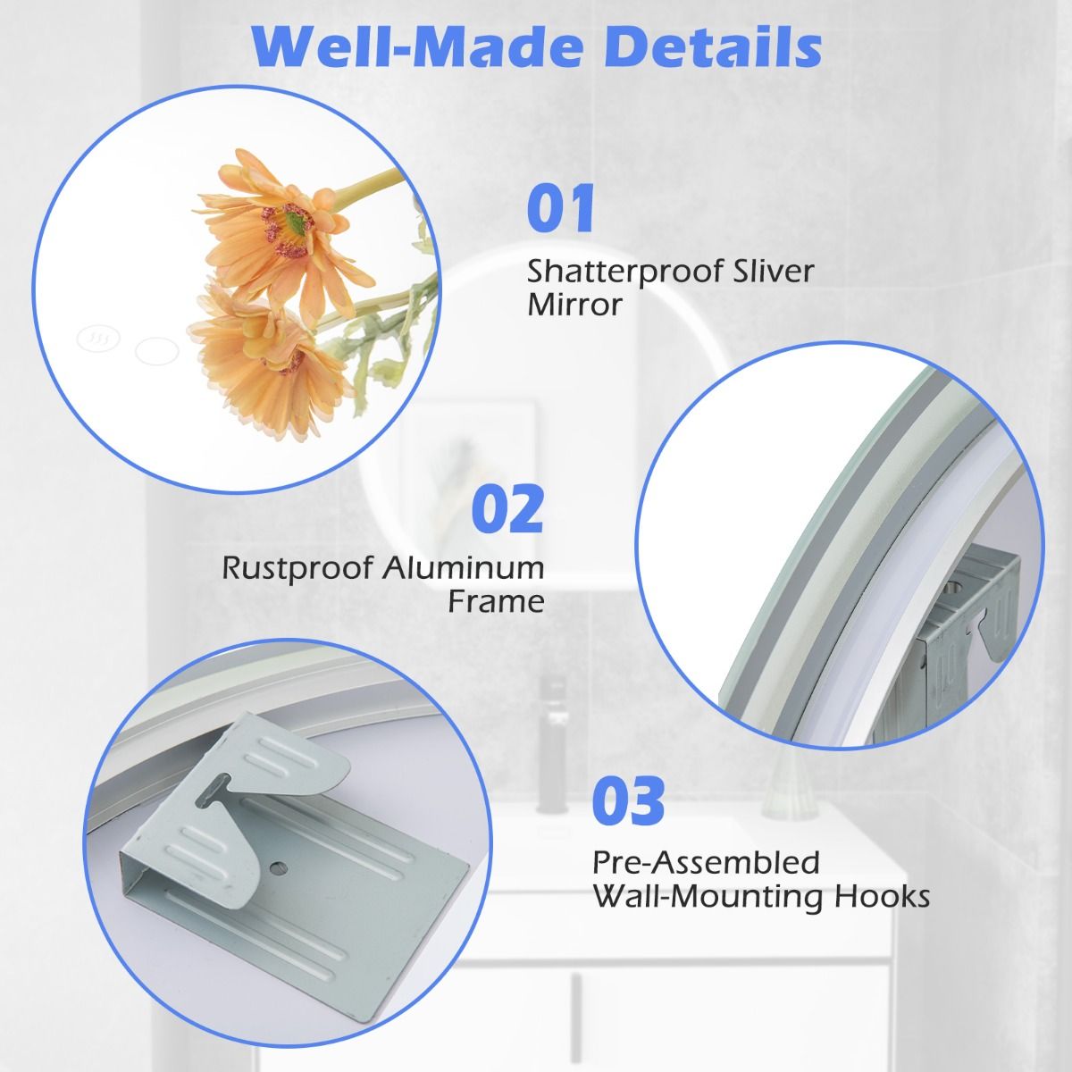 Coast 60 x 54 cm LED-Badezimmerspiegel Runder Wandspiegel Silber mit dimmbarer 3-Farben-Beleuchtung, Anti-Beschlag und Memory-Funktion