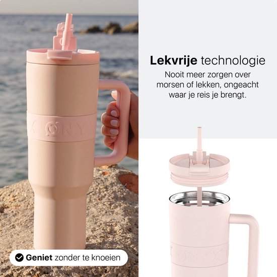ONYX Trinkflasche mit Strohhalm 1 Liter - Wasserflasche für Kinder & Erwachsene - Thermosbecher Edelstahl Reisebecher - Motivations-Trinkbecher - Trinkbecher für die Schule - Candy Pink