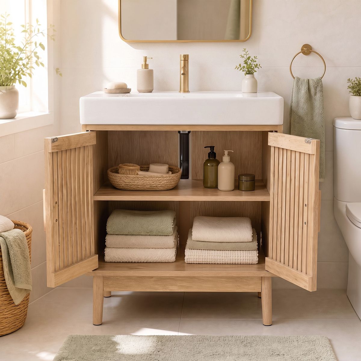 Coast Badezimmerschrank, Waschtischunterschrank – 2 Lamellentüren – Beine aus Kiefernholz – natur – 60 x 30 x 70 cm