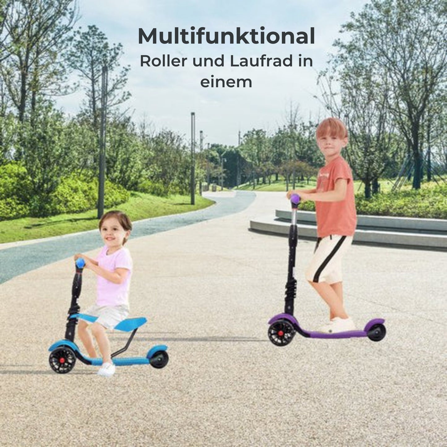 LifeGoods MultiRider Kids' Scooter - Stufe 3-8 Jahre - Verstellbarer Sitz - Leuchtende Räder - Jungen/Mädchen - Blau