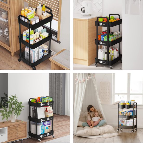 Küchenwagen auf Rädern - 3 Schichten - Regal - Servieren - Wagen - Schrank - Lagerung - Duschkabinen stehend - Regal - Schwarz - Luft